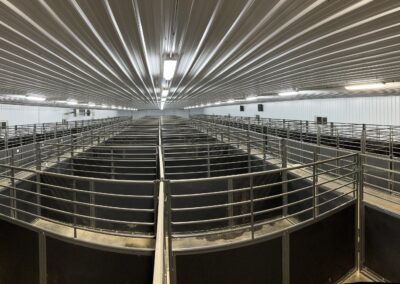 The inside of a cattle arena with metal railings.